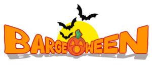 Graphic that says Barge o ween with moom, pumpkin and bats flying