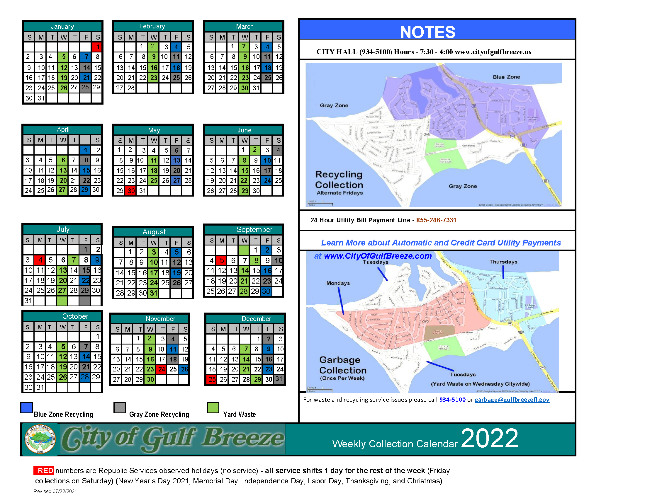 Picture of 12 month calendar and map of the City color-coded by zone. The calendar has listed the days in which garbage, yard waste and recycling will be picked up and corresponds to the map with zones outlined.