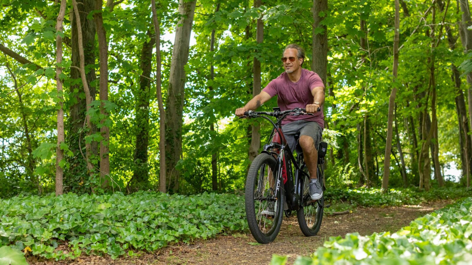 Man riding an ebike on a tree lined path